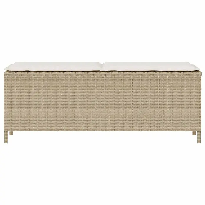 Furnicato Gartenbank - B x T x H: 110 x 30 x 40,5 cm, Beige und Cremeweiß - Beige Rattan-Außenaufbewahrungsbank mit weißen Kissen.