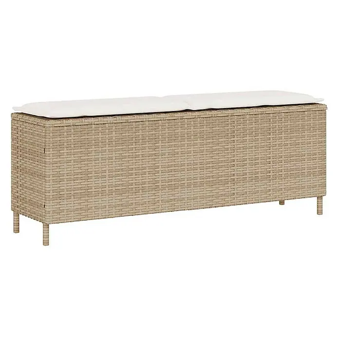 Furnicato Gartenbank - B x T x H: 110 x 30 x 40,5 cm, Beige und Cremeweiß - Beige Rattan-Look Aufbewahrungsbank mit weißem Kissen und kurzen Beinen.