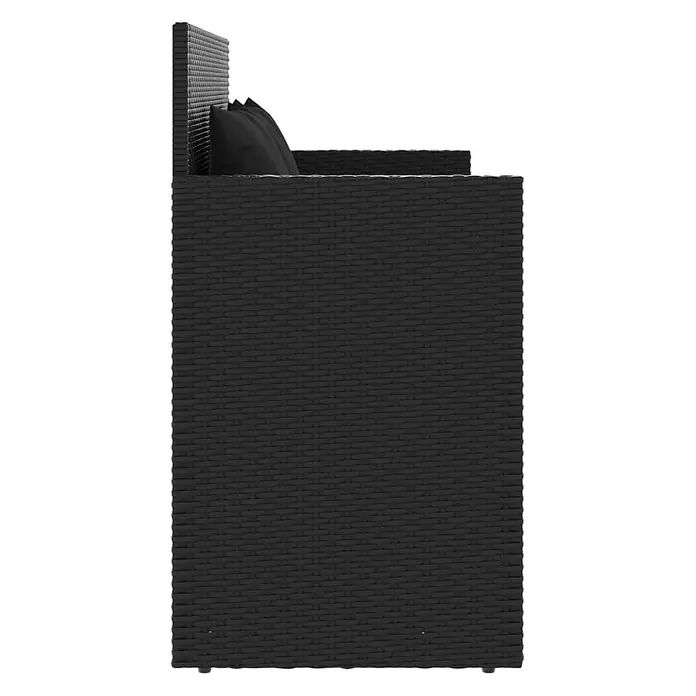 Furnicato Gartenbank - B x T x H: 120 x 50 x 90,5 cm, Schwarz - Seitenansicht eines schwarzen Rattan-Outdoor-Sofateils mit schwarzen Sitz- und Rückenkissen.