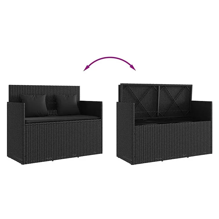 Furnicato Gartenbank - B x T x H: 120 x 50 x 90,5 cm, Schwarz - Schwarze Rattan-Sitzbank mit Stauraum, geschlossen mit Kissen und geöffnet gezeigt.