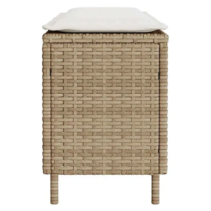 Furnicato Gartenbank - B x T x H: 110 x 30 x 40,5 cm, Beige und Cremeweiß - Hellbraune geflochtene Aufbewahrungsbox mit weißem Kissen, auf vier kurzen Beinen stehend.