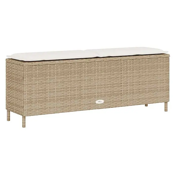 Furnicato Gartenbank - B x T x H: 110 x 30 x 40,5 cm, Beige und Cremeweiß - Beige Polyrattan Garten-Sitzbank mit Stauraum und weißem Kissen.