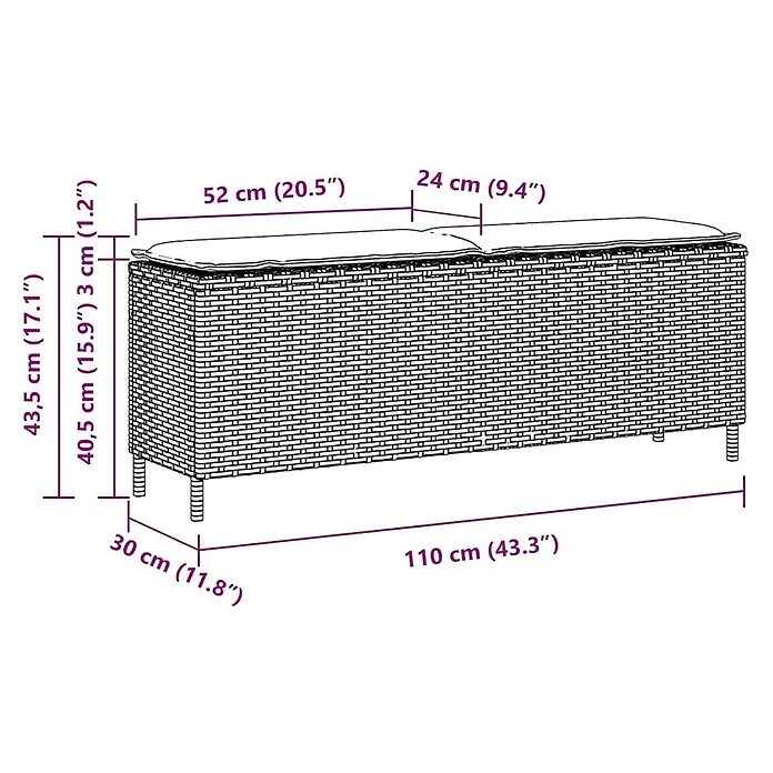 Furnicato Gartenbank - B x T x H: 110 x 30 x 40,5 cm, Beige und Cremeweiß - Geflochtene Polyrattan-Sitzbank mit hellem Kissen, bietet Sitzgelegenheit und Stauraum.