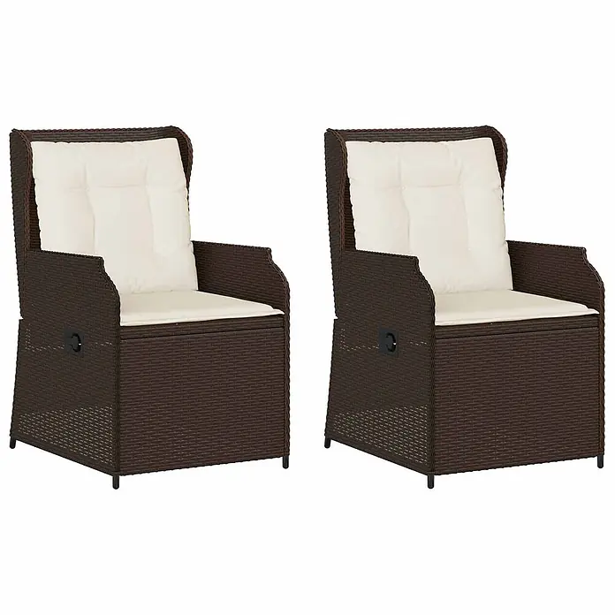 Furnicato Gartenbank Poly-Rattan - B x T x H: 55 x 55 x 95 cm, Braun und Cremeweiß - Zwei braune Rattan-Gartensessel mit hoher Rückenlehne und cremefarbenen Kissen.