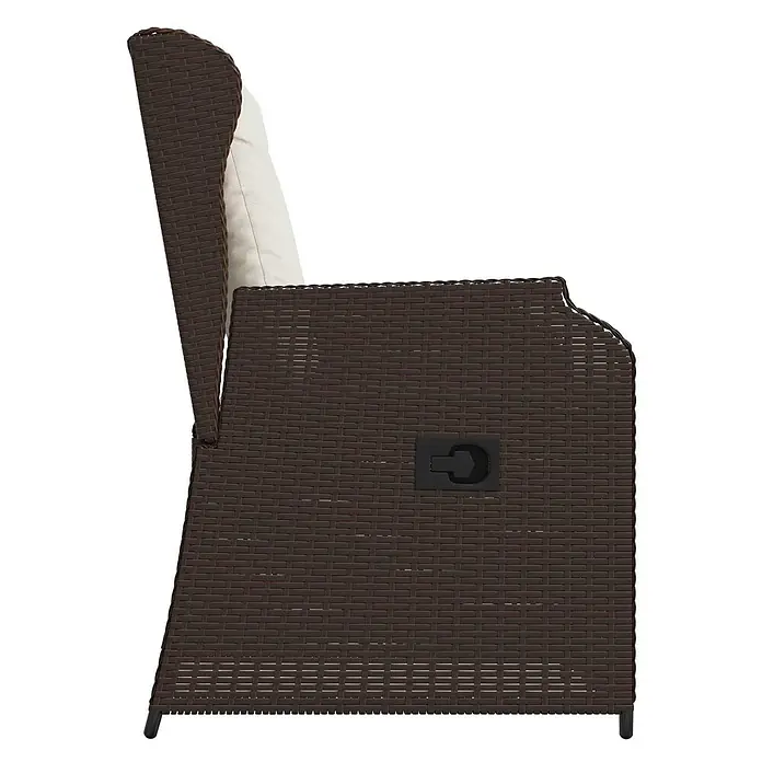 Furnicato Gartenbank Poly-Rattan - B x T x H: 55 x 55 x 95 cm, Braun und Cremeweiß - Seitenansicht eines braunen Outdoor-Korbsessels mit weißem Kissen und verstellbarer Rückenlehne.