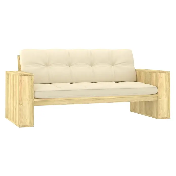 Furnicato Gartenbank Kiefernholz imprägniert - B x T x H: 76 x 179 x 76 cm, Creme - Helles Holz-Zweisitzer-Sofa für den Außenbereich mit cremefarbenen getufteten Kissen.