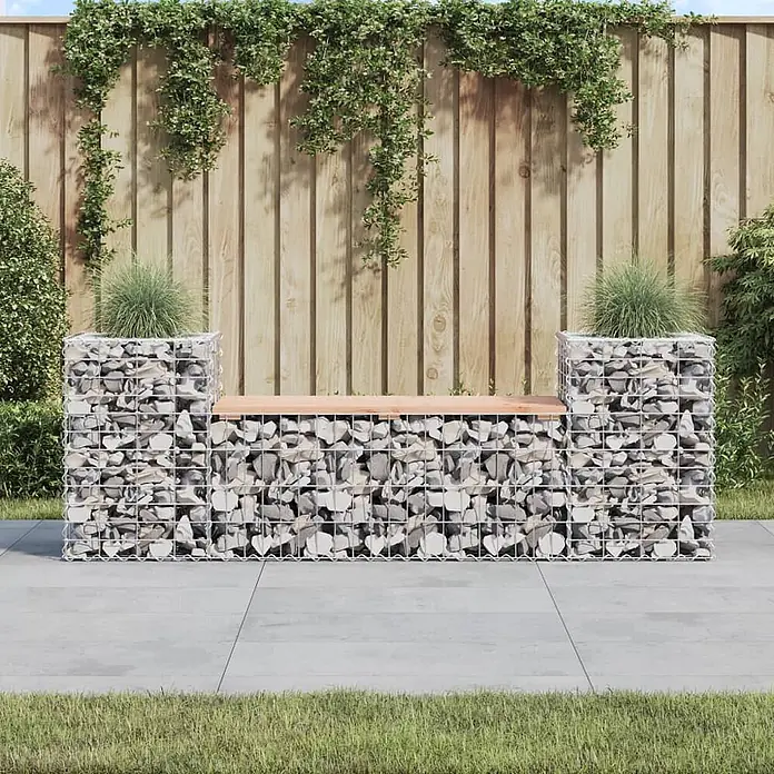 Furnicato Gartenbank Douglasien-Massivholz - B x T x H: 183 x 41 x 60,5 cm, Natürliches Douglasie - Gabionenbank mit Holzauflage, ideal für den Außenbereich in Garten oder Terrasse.