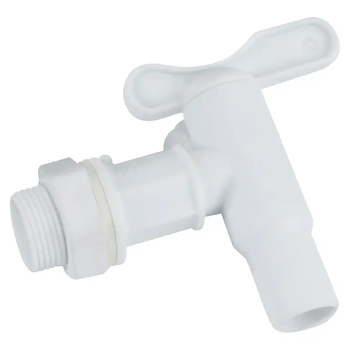 Regentonne - 210 l, Eckig, Anthrazit - Nahaufnahme eines weißen Wasserhahn aus Kunststoff, der für Wasserkanister oder Fässer geeignet ist.