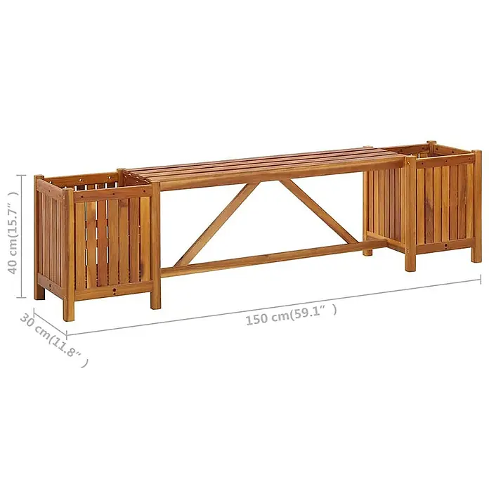 Furnicato Gartenbank Akazien-Massivholz geölt - B x T x H: 150 x 30 x 40 cm, Braun - Braune Gartenbank aus Akazienholz mit zwei integrierten quadratischen Pflanzgefäßen an den Enden.