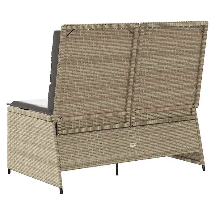 Furnicato Gartenbank - B x T x H: 67 x 108 x 95 cm, Beige und Grau - Rückansicht einer beigen Rattan-Gartenbank für 2 Personen mit dunklen Kissen und Stauraum.