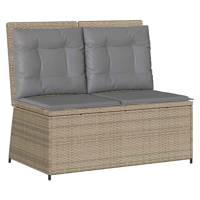 Furnicato Gartenbank - B x T x H: 67 x 108 x 95 cm, Beige und Grau - Zweisitziges Outdoor-Sofa aus hellbraunem Rattan-Geflecht mit grauen Kissen und integriertem Stauraum.