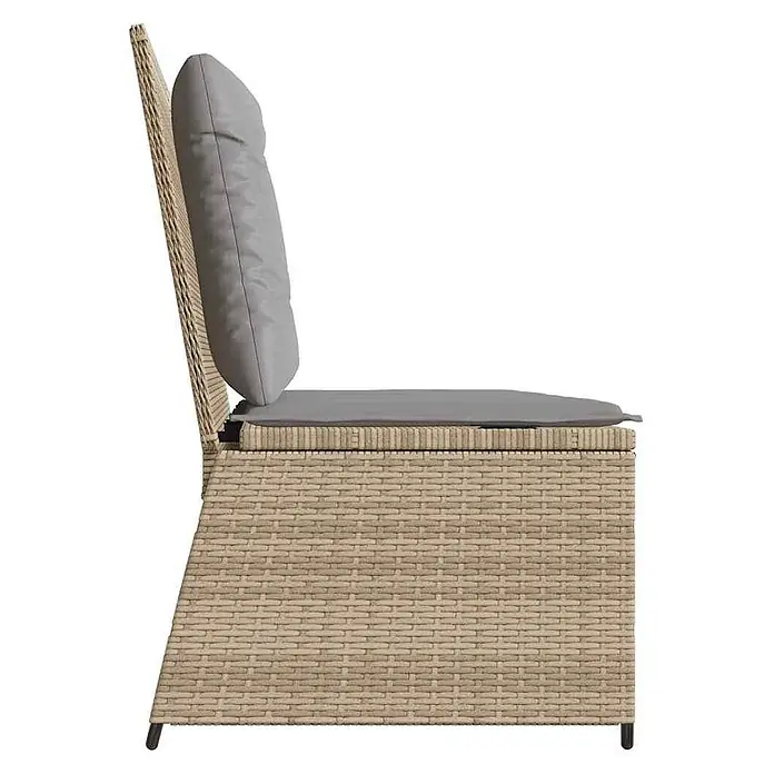 Furnicato Gartenbank - B x T x H: 67 x 108 x 95 cm, Beige und Grau - Seitenansicht eines beigefarbenen Outdoor-Loungesessels aus Polyrattan mit grauen Sitz- und Rückenkissen.