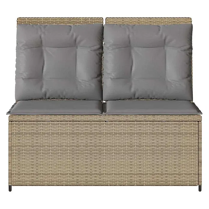 Furnicato Gartenbank - B x T x H: 67 x 108 x 95 cm, Beige und Grau - Hellbraune Gartenbank (2-Sitzer) in Rattan-Optik mit grauen Auflagen und Stauraum.