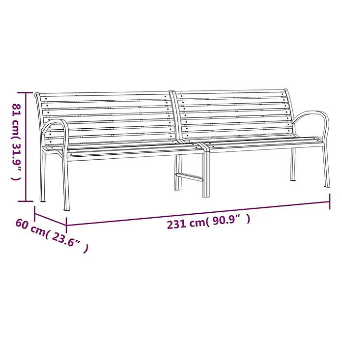 Furnicato Gartenbank WPC - B x T x H: 231 x 60 x 81 cm, Schwarz - Strichzeichnung einer langen Gartenbank mit Armlehnen, 231 cm lang, 81 cm hoch und 60 cm tief.