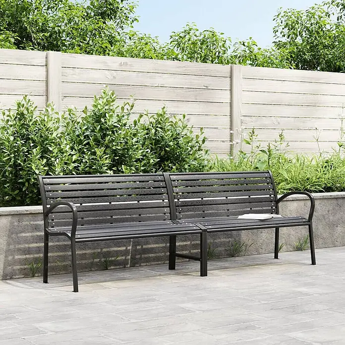 Furnicato Gartenbank WPC - B x T x H: 231 x 60 x 81 cm, Schwarz - Dunkelgraue Lamellen-Sitzbank mit robustem Metallrahmen für Garten und Terrasse.