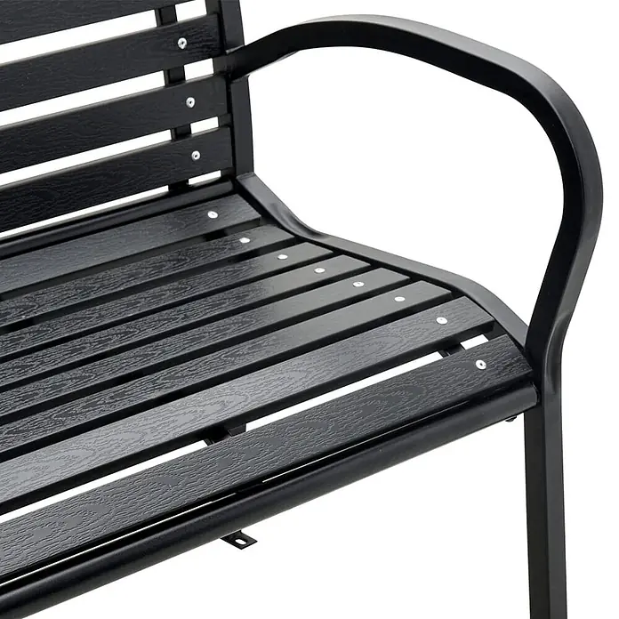 Furnicato Gartenbank WPC - B x T x H: 231 x 60 x 81 cm, Schwarz - Nahaufnahme einer schwarzen Gartenbank mit Lattenrostsitz und -rücken sowie Metallrahmen.