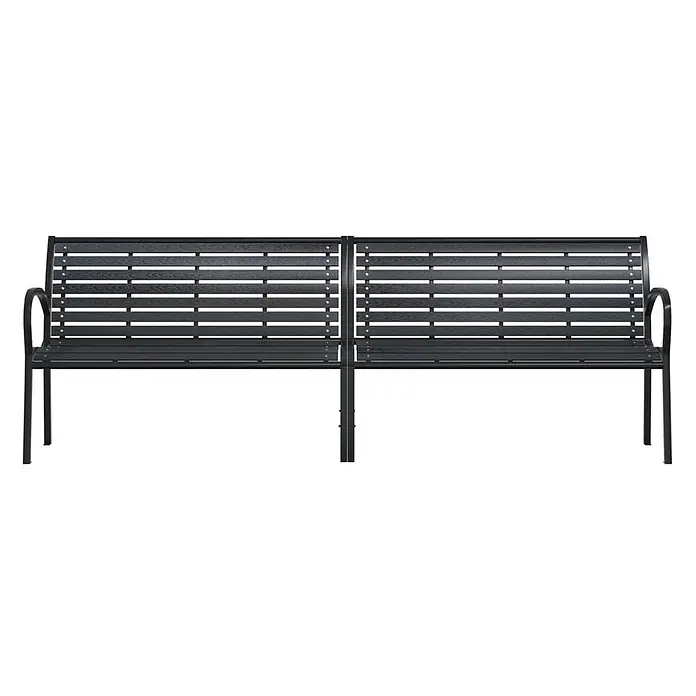 Furnicato Gartenbank WPC - B x T x H: 231 x 60 x 81 cm, Schwarz - Dunkelgraue Latten-Zweisitzerbank mit schwarzem Metallrahmen und Armlehnen.
