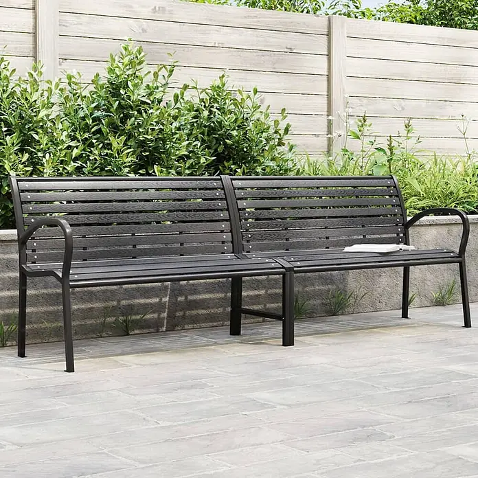Furnicato Gartenbank WPC - B x T x H: 231 x 60 x 81 cm, Schwarz - Dunkelgraue Lamellen-Gartenbank mit schwarzem Metallgestell, ideal für Gärten oder Terrassen.