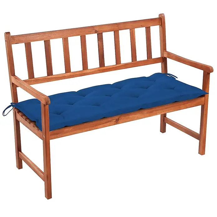 Furnicato Gartenbank Akazienholz geölt - B x T x H: 58 x 120 x 90 cm, Blau - Holzbank mit blauem, getuftetem Kissen.