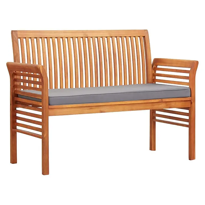 Furnicato Gartenbank Akazien-Massivholz geölt - B x T x H: 120 x 60 x 90 cm, Dunkelgrau - Holz-Gartenbank mit Armlehnen und einem bequemen grauen Kissen.