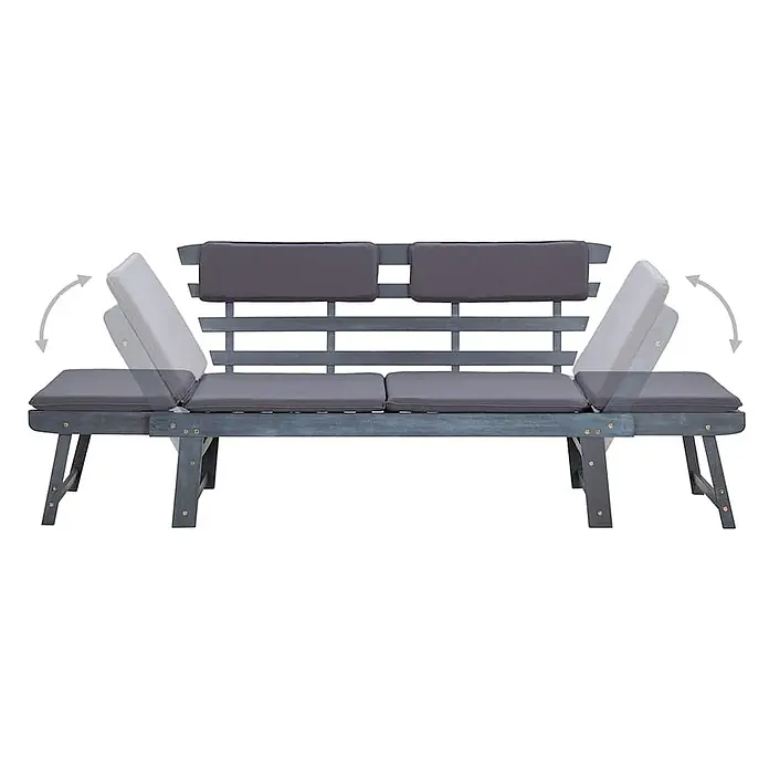 Furnicato Gartenbank Akazien-Massivholz - B x T x H: 190 x 66 x 75 cm, Grau - Graue Holz-Gartenbank mit dunkelgrauen Kissen und verstellbaren Liegeteilen an den Enden.
