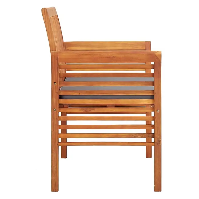 Furnicato Gartenbank Akazien-Massivholz geölt - B x T x H: 120 x 60 x 90 cm, Dunkelgrau - Seitenansicht einer Holz-Gartenbank mit Querlatten und grauem Kissen.