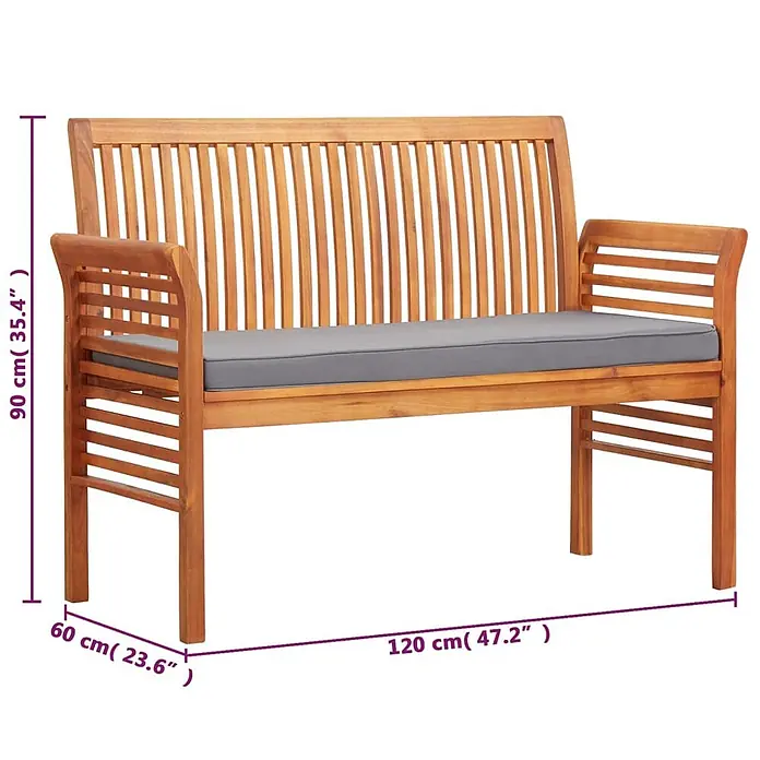 Furnicato Gartenbank Akazien-Massivholz geölt - B x T x H: 120 x 60 x 90 cm, Dunkelgrau - Gartenbank aus Holz mit Lattenrückenlehne und Armlehnen, mit grauem Sitzkissen.