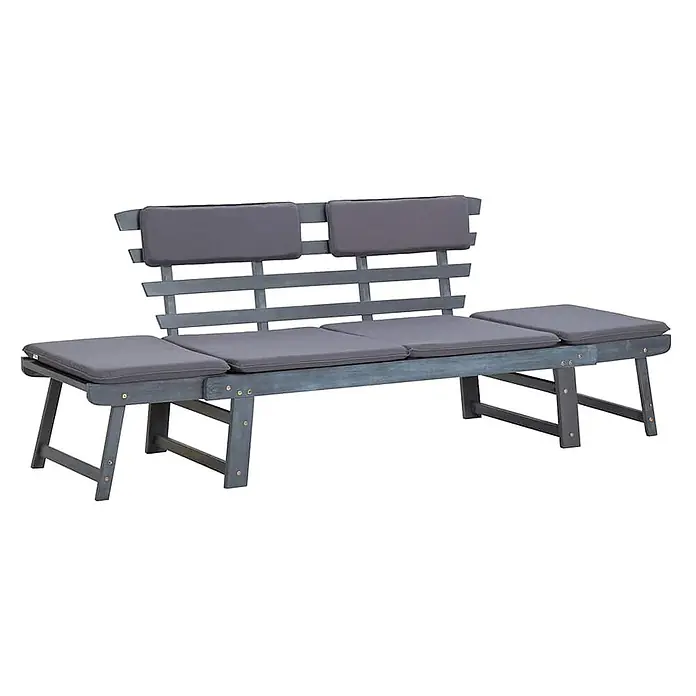 Furnicato Gartenbank Akazien-Massivholz - B x T x H: 190 x 66 x 75 cm, Grau - Graue Gartenbank aus Holz mit dunkelgrauen Kissen und ausziehbaren Teilen zum Sitzen oder Liegen.