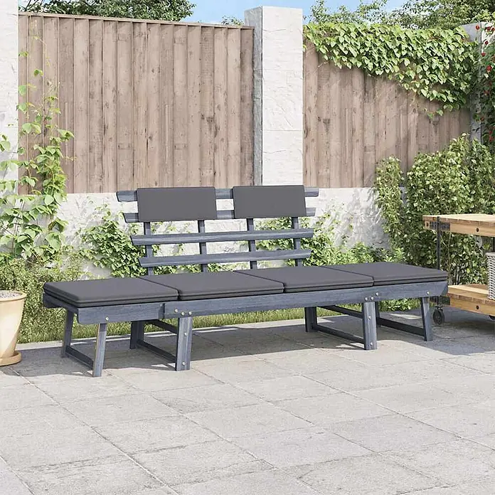 Furnicato Gartenbank Akazien-Massivholz - B x T x H: 190 x 66 x 75 cm, Grau - Lange graue Gartenbank aus Holz mit dunkelgrauen Sitz- und Rückenkissen.