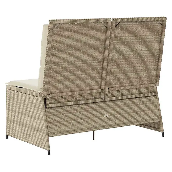 Furnicato Gartenbank - B x T x H: 95 x 108 x 95 cm, Beige und Creme - Rückansicht eines beigefarbenen Rattan-Gartensofas mit zwei verstellbaren Rückenlehnen und cremefarbenen Kissen.