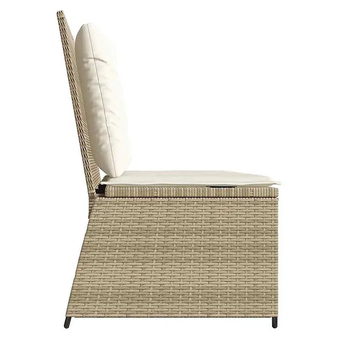 Furnicato Gartenbank - B x T x H: 95 x 108 x 95 cm, Beige und Creme - Seitenansicht eines beigen Polyrattan-Gartenstuhls mit cremefarbenen Sitz- und Rückenkissen.
