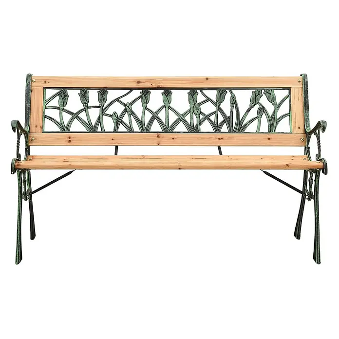 Furnicato Gartenbank Tannenholz - B x T x H: 122 x 54 x 73 cm, Braun - Gartenbank mit Naturholzleisten und einem verzierten, dunkelgrünen Metallgestell mit Blumenmotiv in der Rückenlehne.