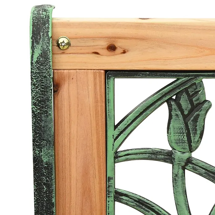Furnicato Gartenbank Tannenholz - B x T x H: 122 x 54 x 73 cm, Braun - Nahaufnahme eines Gartenbank-Details: Naturholzlatten kombiniert mit patiniertem grünem Metallrahmen im Tulpen-Design.