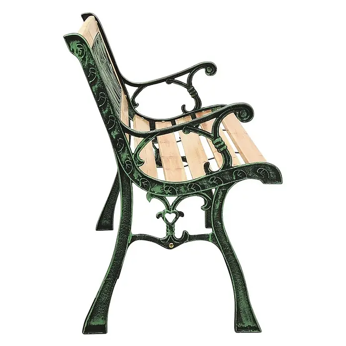 Furnicato Gartenbank Tannenholz - B x T x H: 122 x 54 x 73 cm, Braun - Gartenbank mit Holzlatten und einem patinierten grünen Gusseisengestell.