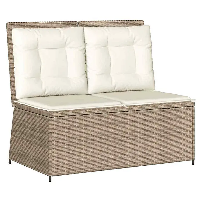 Furnicato Gartenbank - B x T x H: 95 x 108 x 95 cm, Beige und Creme - Beige geflochtene Rattan-Zweisitzer Outdoor-Aufbewahrungsbank mit cremefarbenen Kissen.
