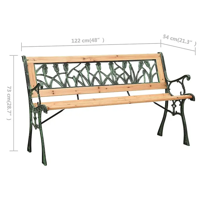 Furnicato Gartenbank Tannenholz - B x T x H: 122 x 54 x 73 cm, Braun - Gartenbank mit hellbraunen Holzlatten und einem grünen, verzierten Gusseisengestell mit floraler Rückenlehne.