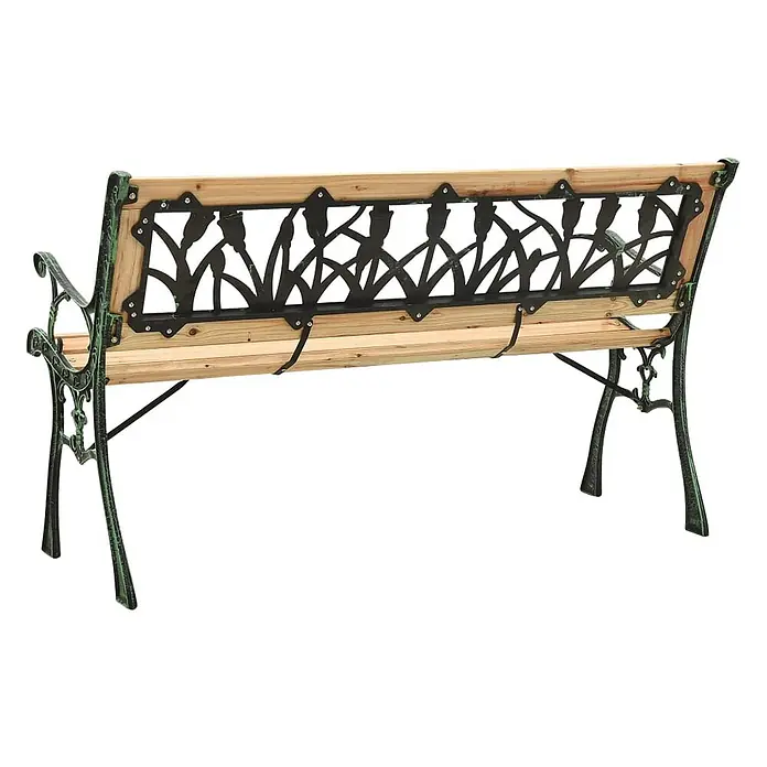 Furnicato Gartenbank Tannenholz - B x T x H: 122 x 54 x 73 cm, Braun - Gartenbank mit Naturholzlatten und dunkelgrünem Gusseisengestell mit floralem Rückenlehnen-Design.