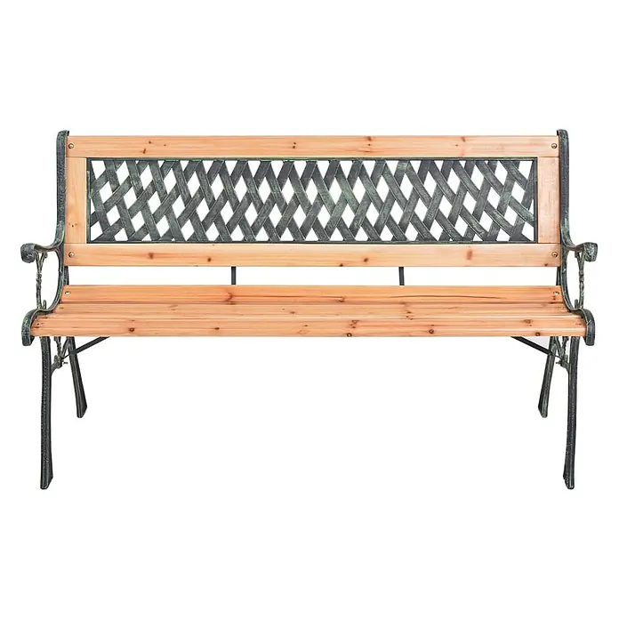 Furnicato Gartenbank Tannen-Massivholz - B x T x H: 116 x 52,5 x 73 cm, Braun - Gartenbank mit hellen Holzlatten und dunklem Metallrahmen mit Gitter-Rückenlehne.
