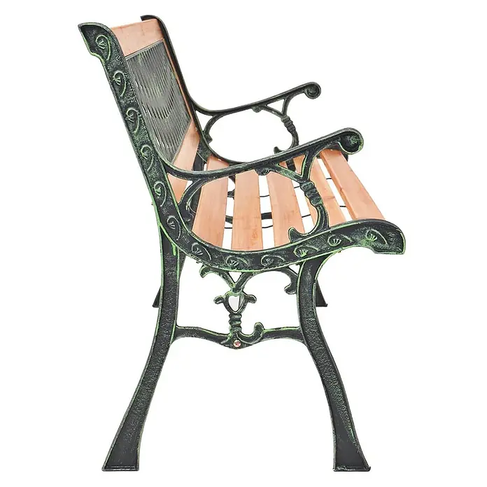 Furnicato Gartenbank Tannen-Massivholz - B x T x H: 116 x 52,5 x 73 cm, Braun - Eine verzierte Gartenbank mit einem dunkelgrün patinierten Gusseisengestell und hellen Holzlatten.