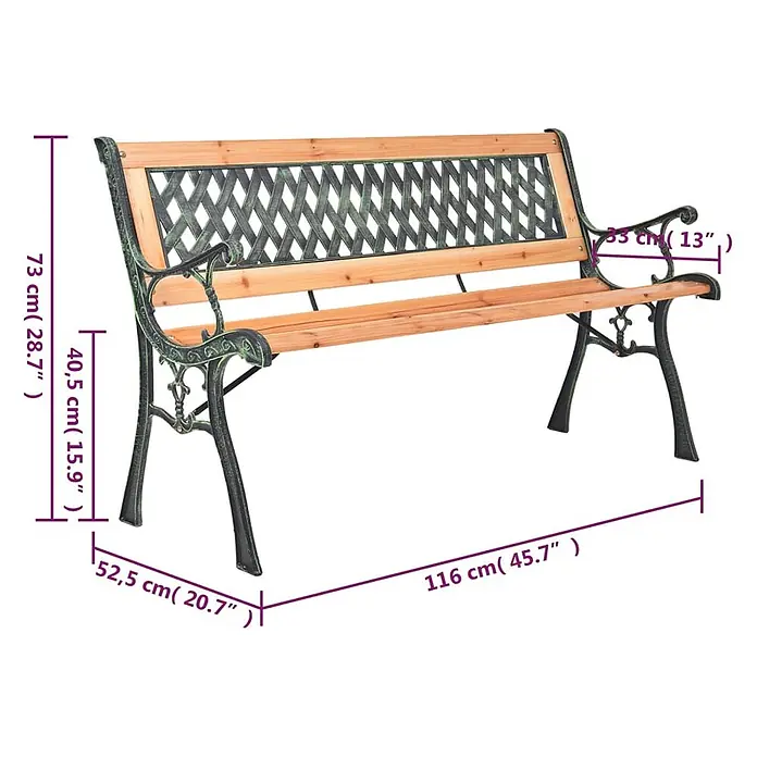 Furnicato Gartenbank Tannen-Massivholz - B x T x H: 116 x 52,5 x 73 cm, Braun - Gartenbank aus Holz mit dunkelgrünem Metallgestell und Rückenlehne, Maße angegeben.