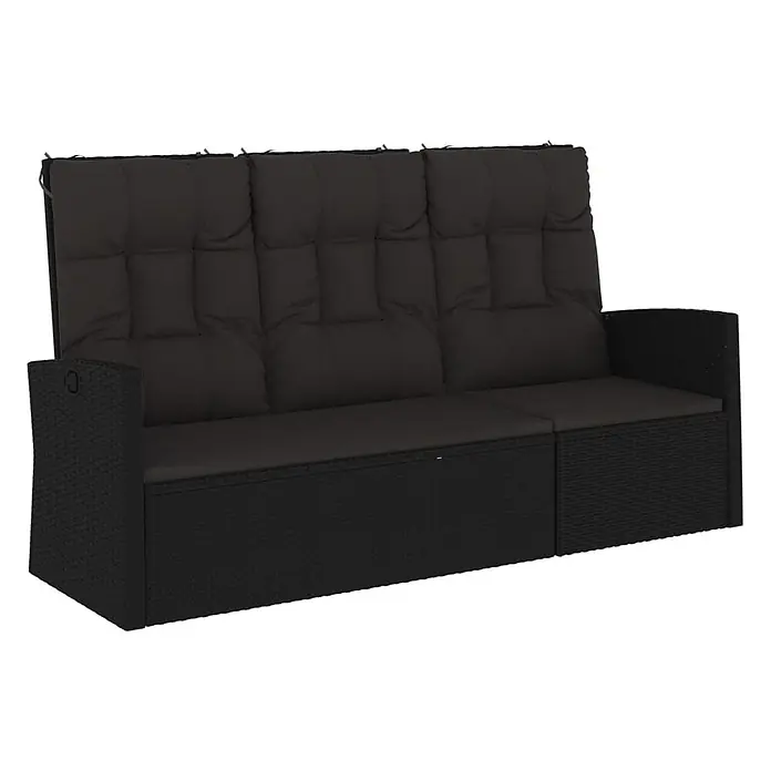 Furnicato Gartenbank - Schwarz - Schwarzes Polyrattan 3-Sitzer Gartensofa mit dunkelgrauen Kissen.