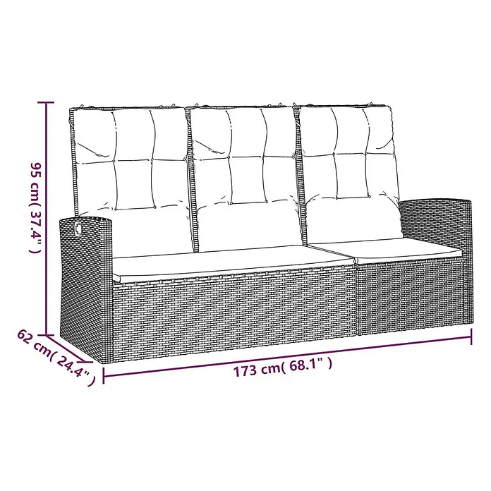 Furnicato Gartenbank - Schwarz - Bemaßte Zeichnung eines dreisitzigen Outdoor-Rattansofas mit hellen Kissen.