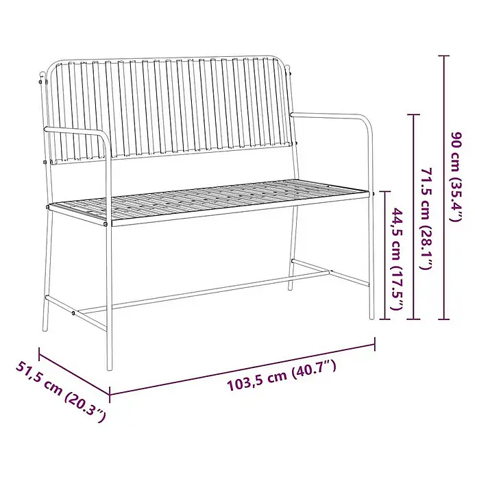 Furnicato Gartenbank Stahl - B x T x H: 51,5 x 103,5 x 90 cm, Schwarz - Maße einer Metallgartenbank mit Lattenrost.