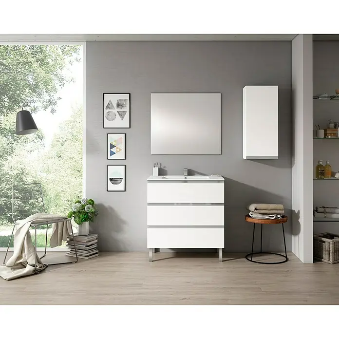 Mueble bajo de lavabo Andrea - L x An x Al: 45 x 80 x 69 cm, Blanco - Un mueble de baño moderno con tres cajones y un espejo elegante, ideal para diseños de baño contemporáneos.