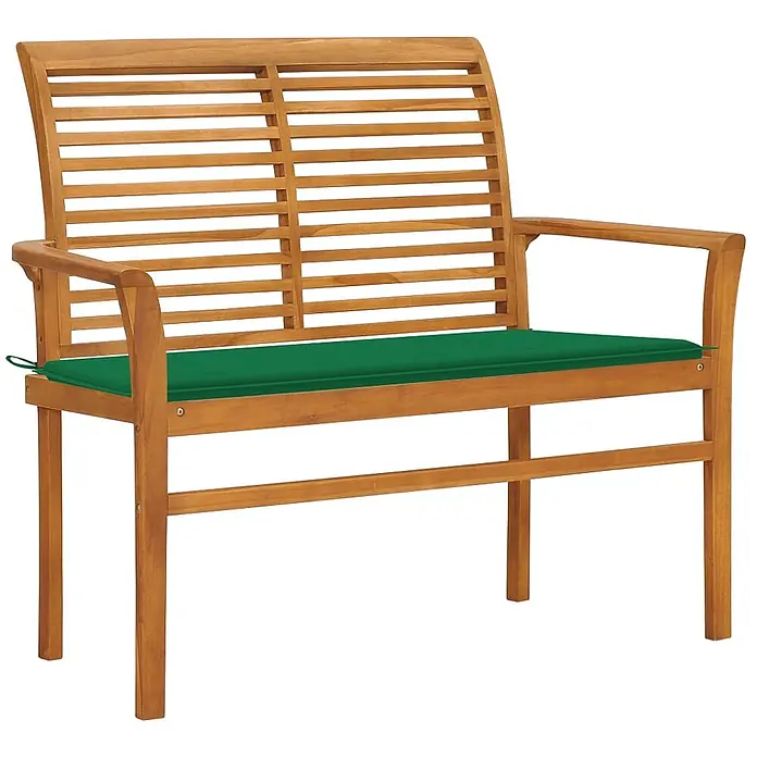 Furnicato Gartenbank Teakholz lackiert - B x T x H: 112 x 55 x 94 cm, Grün - Gartenbank aus Holz mit Lattenrückenlehne und Armlehnen, ausgestattet mit einem hellgrünen Sitzkissen.