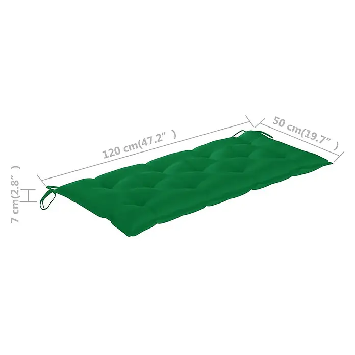 Furnicato Gartenbank Akazienholz geölt - B x T x H: 58 x 120 x 90 cm, Grün - Grünes getuftetes Bankkissen mit Bändern, 120x50x7 cm groß.