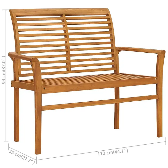 Furnicato Gartenbank Teakholz lackiert - B x T x H: 112 x 55 x 94 cm, Grün - Hellbraune Gartenbank aus Holz mit Lattenrost-Design, Maße für Höhe, Breite und Tiefe angezeigt.