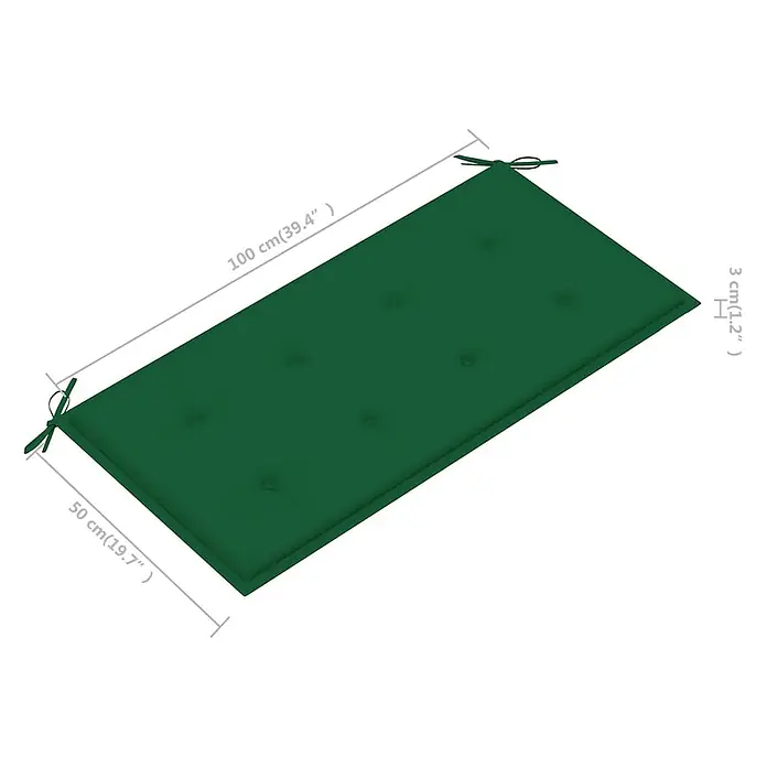 Furnicato Gartenbank Teakholz lackiert - B x T x H: 112 x 55 x 94 cm, Grün - Dunkelgrünes, rechteckiges, getuftetes Bankkissen mit Bändern, 100x50x3 cm.