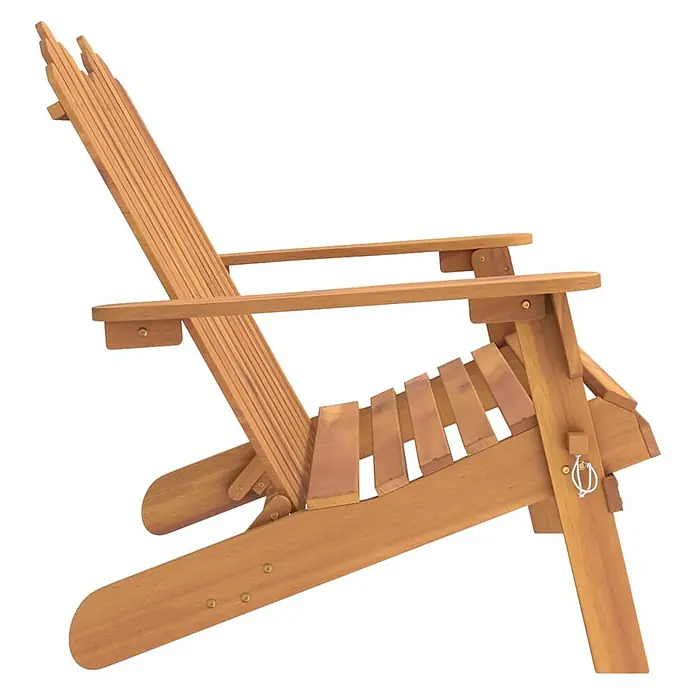 Furnicato Gartenbank Akazien-Massivholz geölt - B x T x H: 126 x 84 x 90 cm, Natur - Seitenansicht eines hellbraunen Adirondack-Holzstuhls mit Lattenrücken und -sitz, ideal für die Entspannung im Freien.