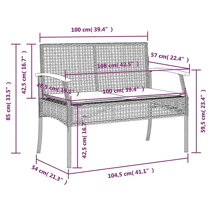Furnicato Gartenbank PE-Rattan - B x T x H: 108 x 57 x 85 cm, Schwarz - Dunkelbraune Rattan-Gartenbank für zwei Personen mit hellem Kissen und Maßangaben.